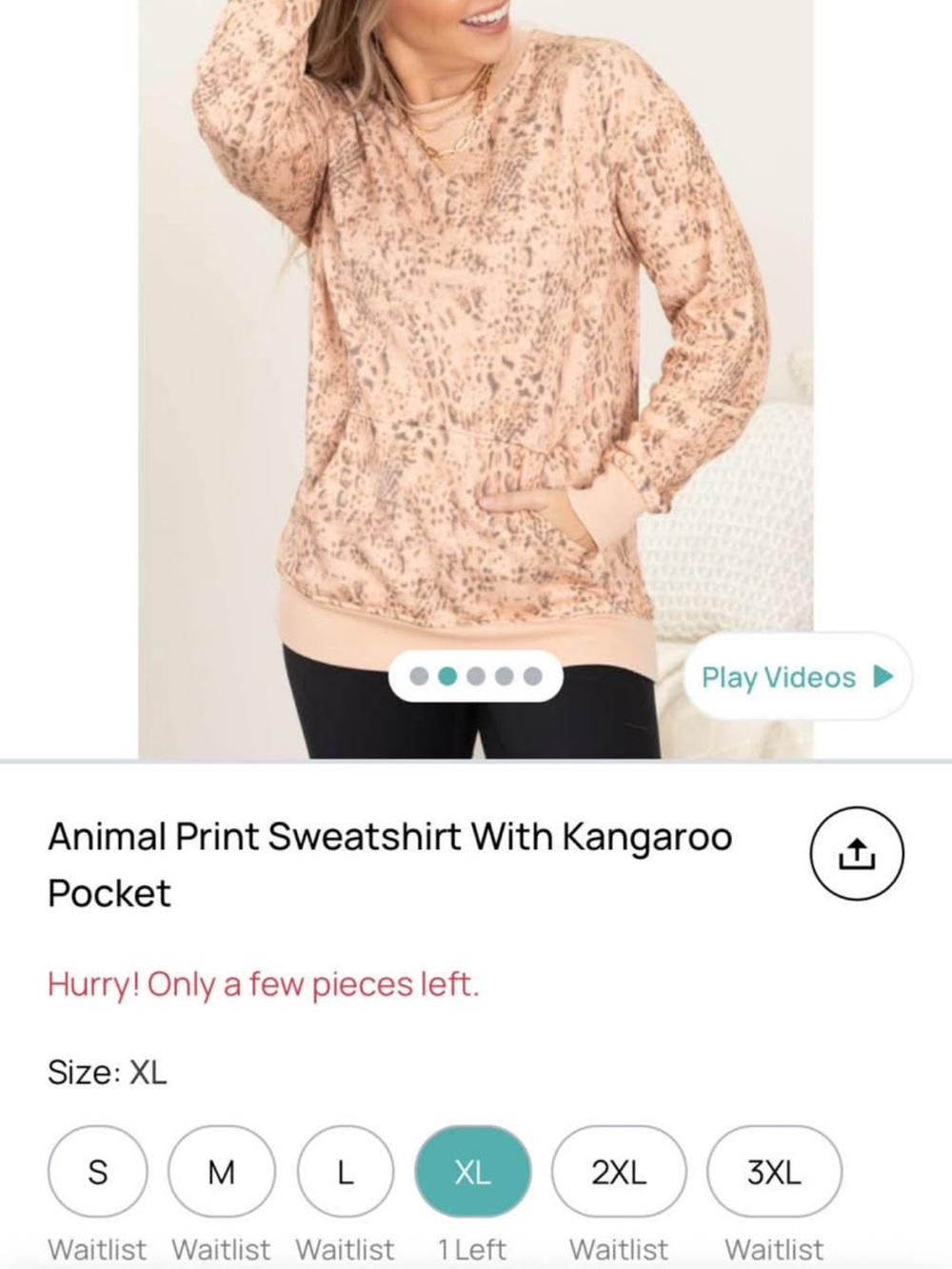 Animal Print Sweatshirt with Kangaroo Pocket - Peach
